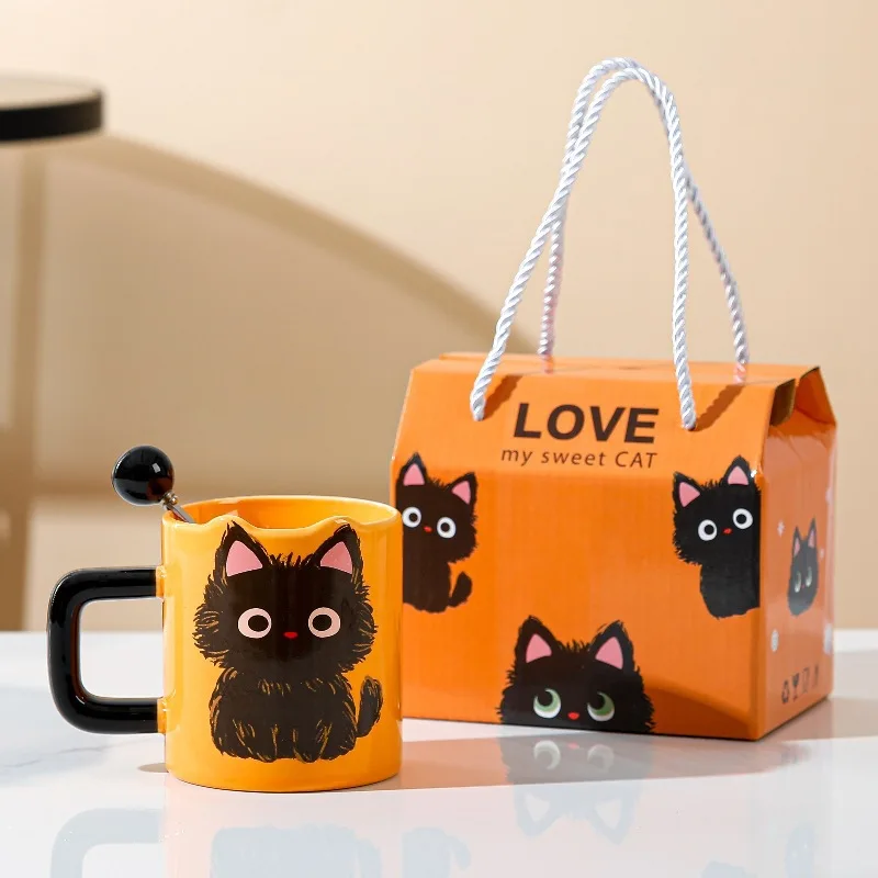 Copos de café com colher, canecas de gato dos desenhos animados, copo de leite de cerâmica preto e branco, copos de escritório, presentes agradáveis, 400ml