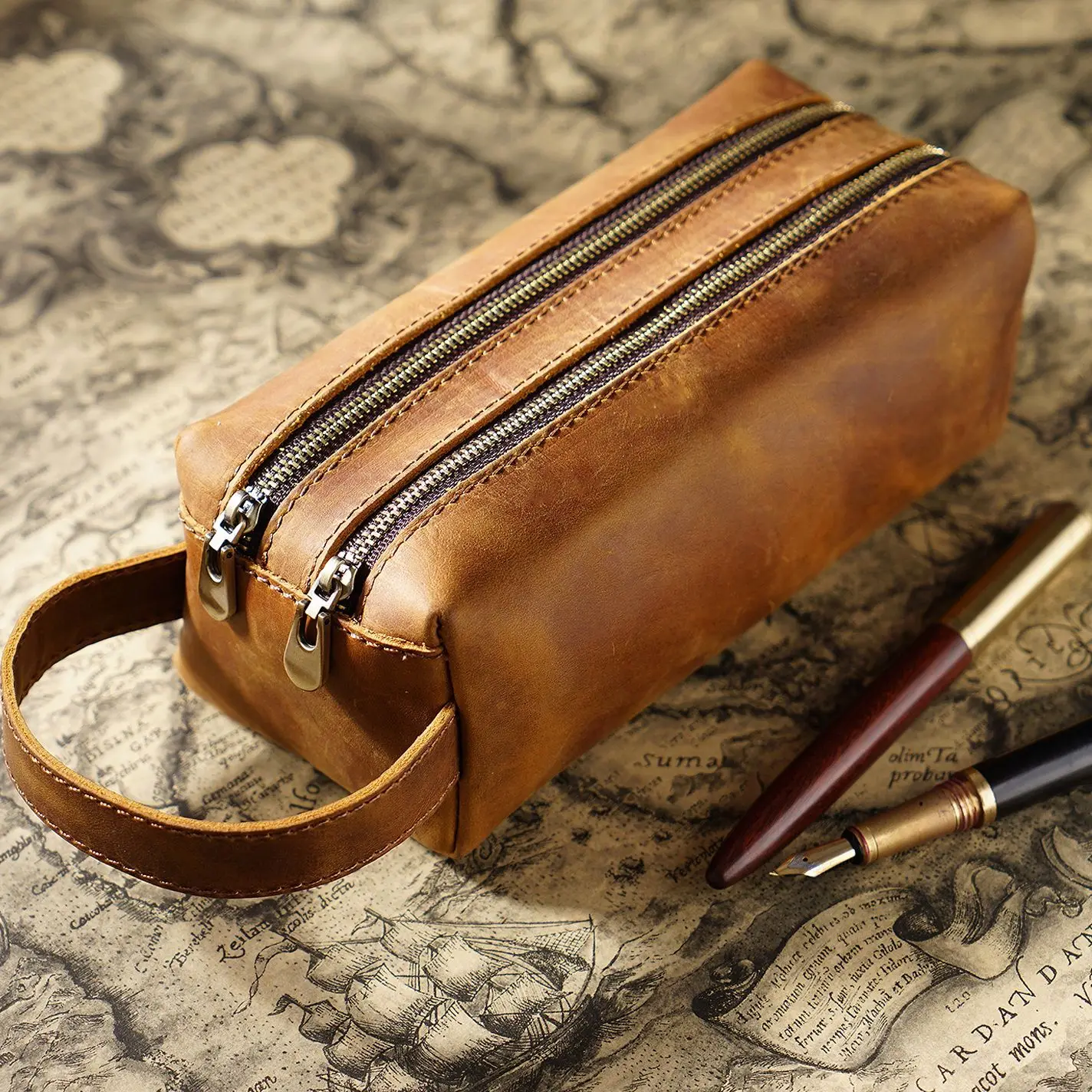 

Double Layer Leather Large Capacity Pencil Case Cowhide Multifunctional Pen Bag Student Supplies