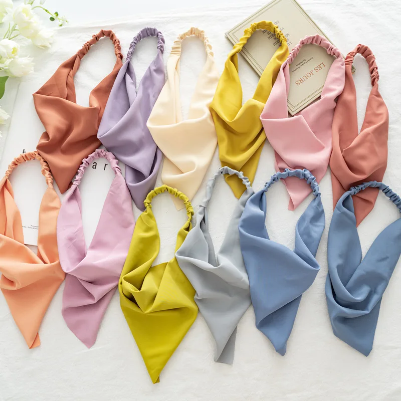 Bandanas chiffon triangulares vintage para mulheres, lenço de cabeça monocromático, faixas de cabelo elásticas para meninas, acessórios de cabelo