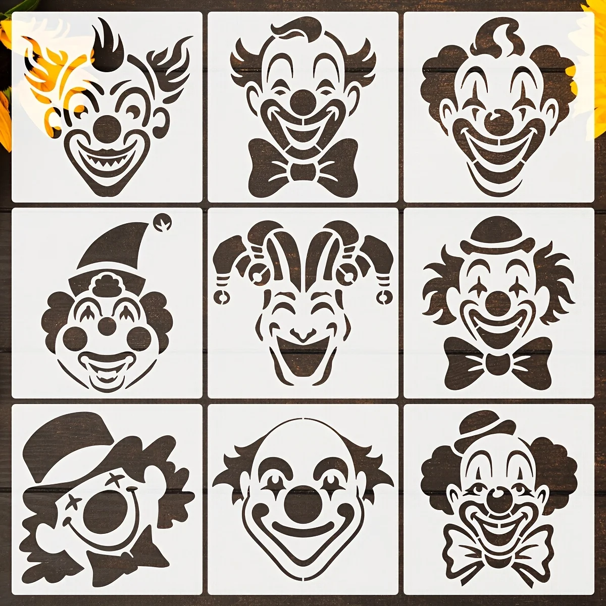 9pcs Clown Face & Circus Carnival Stencils - Reusable PET Plastic Templates with Precise Cutouts for DIY Face Painting, Party De
