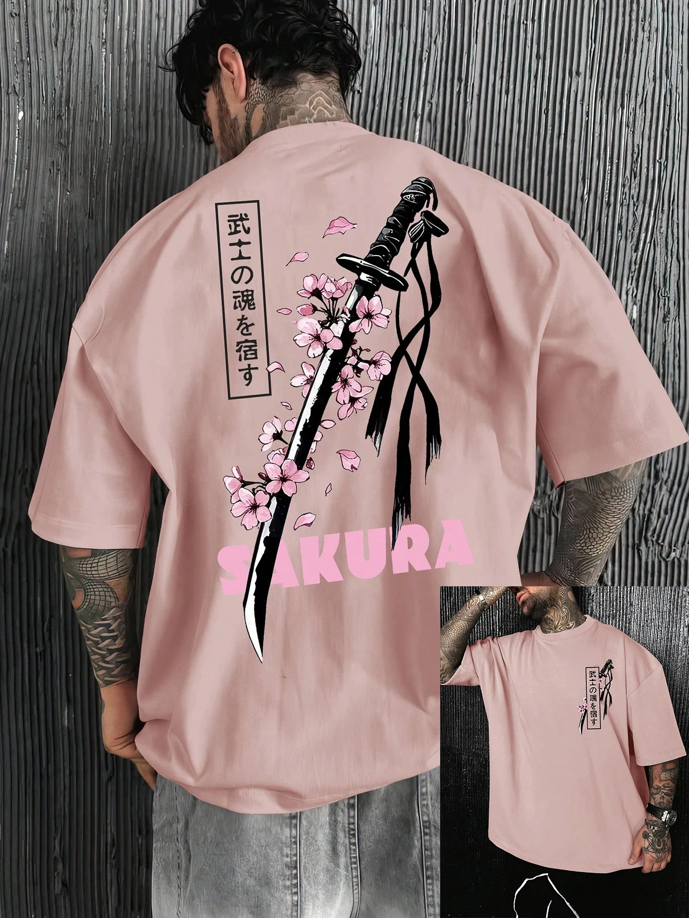 تي شيرت رجالي كاجوال مطبوع عليه رسومات تتميز بتصميم روح الساموراي وزهر الكرز ملابس رجالية قميص كبير الحجم جديد في القمم #5