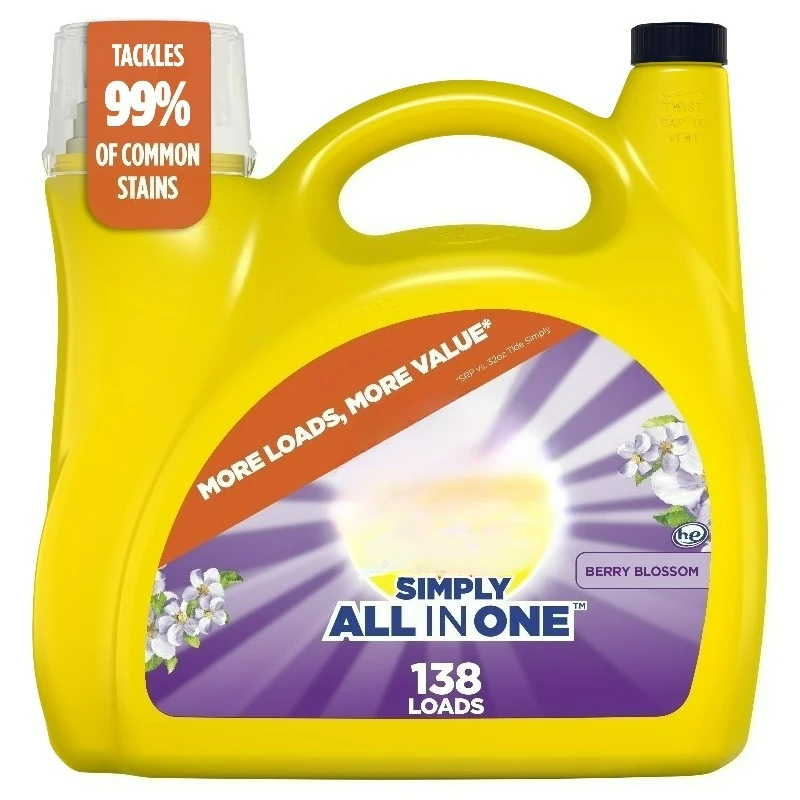 

Simply All-in-One Liquid Laundry Detergent, Berry Blossom Scent, 182 fl oz, 138 Loads