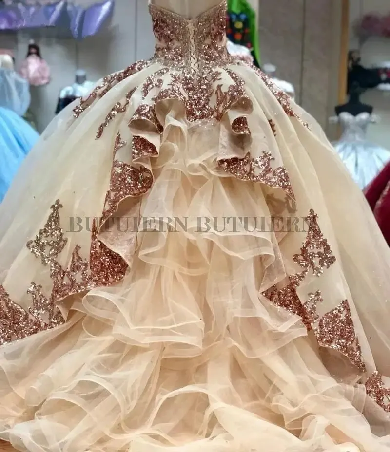 Fotos reales vestidos de quinceañera de oro rosa apliques de cuentas dulce 16 vestido de graduación vestidos de fiesta de cumpleaños personalizados