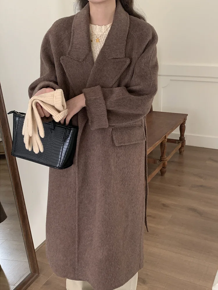 Hand Sewing New Double-sided Cashmere Wool Coat Women Design Loose Lace-up Medium Long Wool Coat Lace-up Fashion Autumn Winter