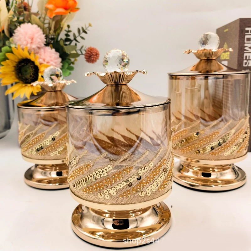 European Metal Jewelry Box with Lid High Leg Glass Candy Jar Table Top Gold Plated Coffee Beans Dried Fruit Snack Storage Bottle