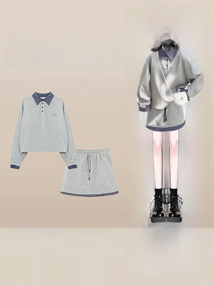 

Корейский комплект свитшотов для колледжа, женская повседневная юбка-стринги, костюм из двух предметов ort Sve Long Sve, осенняя одежда