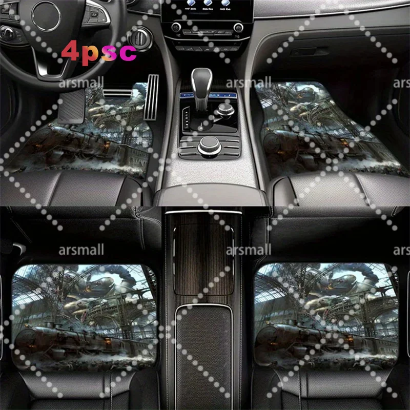 Universal Fit Polyester Car Floor Mats With Punk Style Steam Train Design, Non-Slip Water Absorbent, Washable Interior Protectio