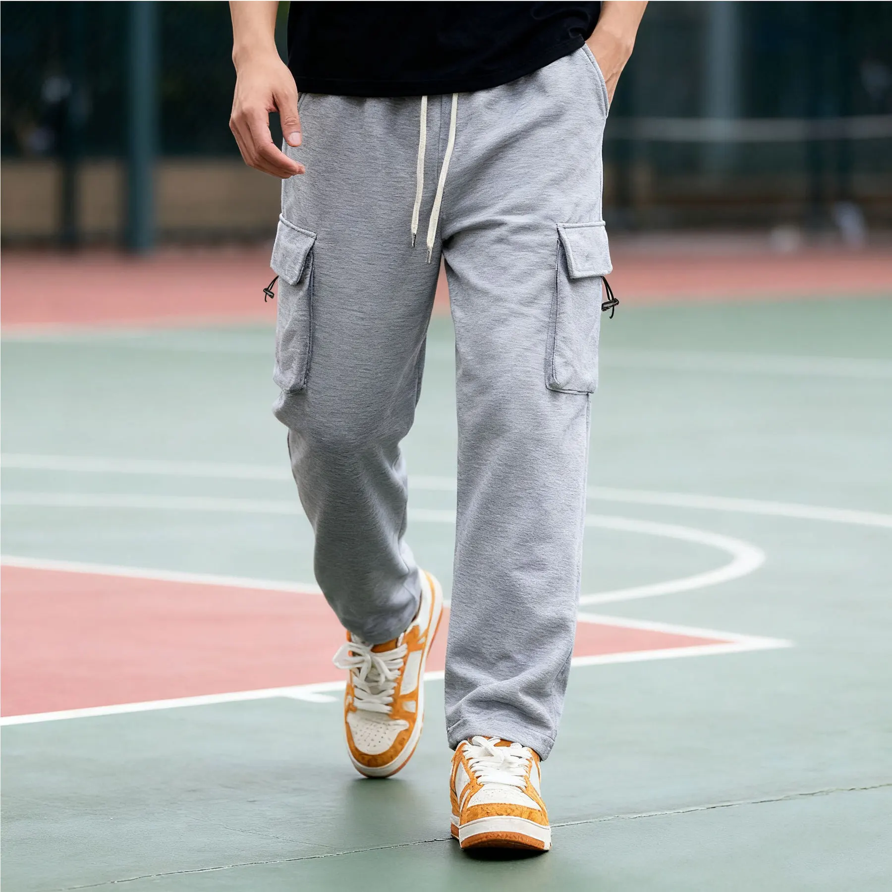 

Autumn Winter Men's Sports Drawstring Loose Straight Multi Pocket Pants Outdoor Training Casual Jogging Trousers