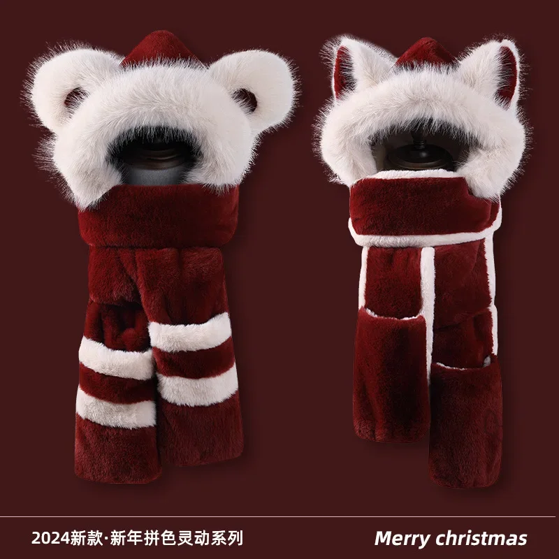 قبعة تيدي بير مع وشاح شتوي دافئ للنساء في عيد الميلاد مريحة في الهواء الطلق