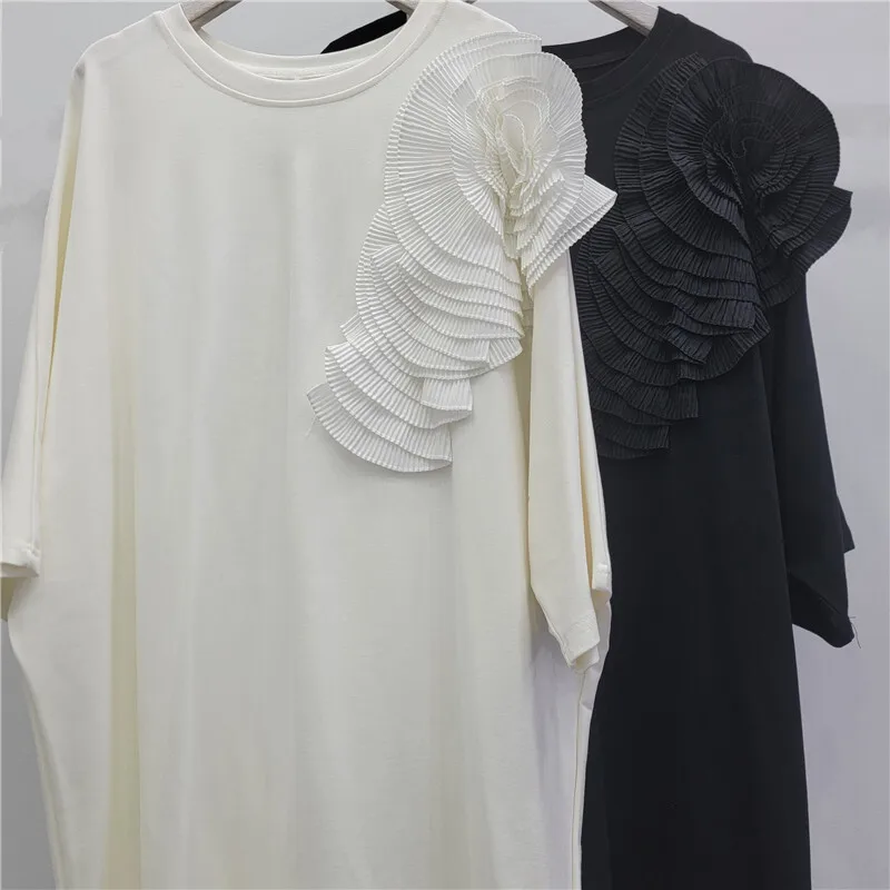 HKSH 春夏新作 レディース ワンピース Oネック 半袖 立体フリル スパンコール タッセル シック オーバーサイズ ワンピース HK16777