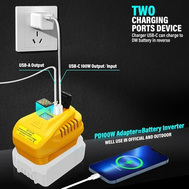 Adapter Charger For Makita/Einhell，For Milwaukee/Dewalt 18V Li-ion Battery With USB Type-C Port Charger Fast Charging