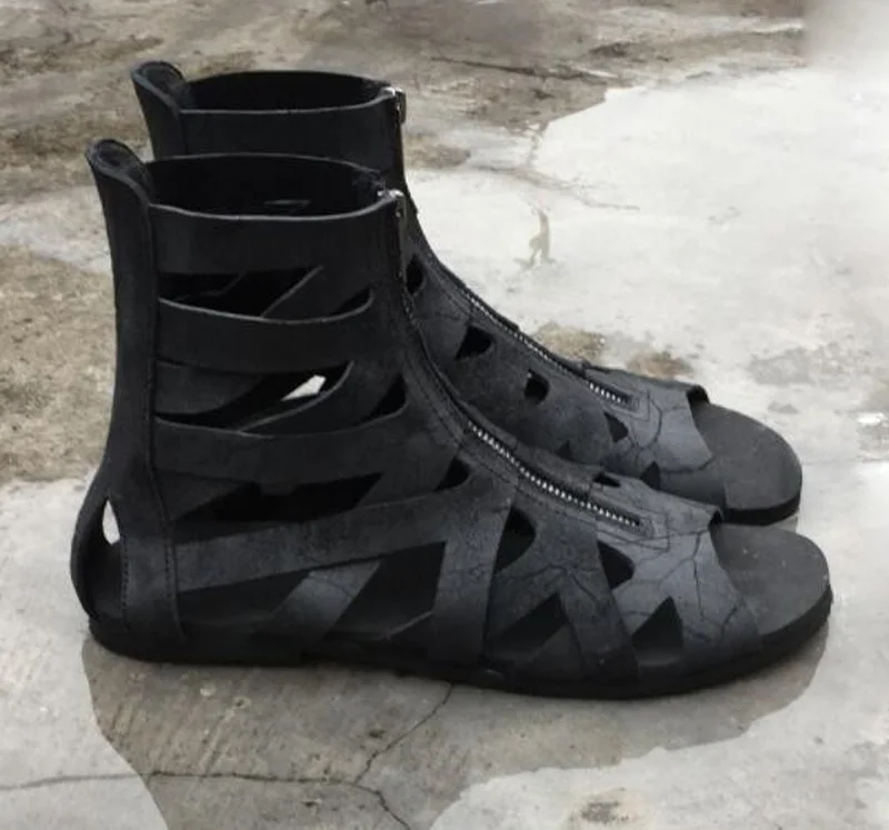 

Британские плетеные сандалии-гладиаторы на плоской подошве с перекрестным плетением, сандалии на молнии спереди с узором дыни, обувь из коровьей кожи с открытым носком, мужская пляжная обувь с песком