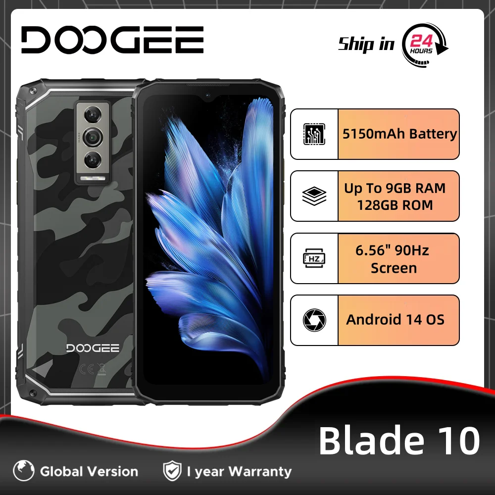 Глобальная версия DOOGEE Blade10, прочный телефон, 6,56 дюйма, 90 Гц, Android 14, восьмиядерный процессор, 4 ГБ + 128 ГБ, 5150 мАч, 10 Вт, зарядка, разблокировка лица, ультратонкий