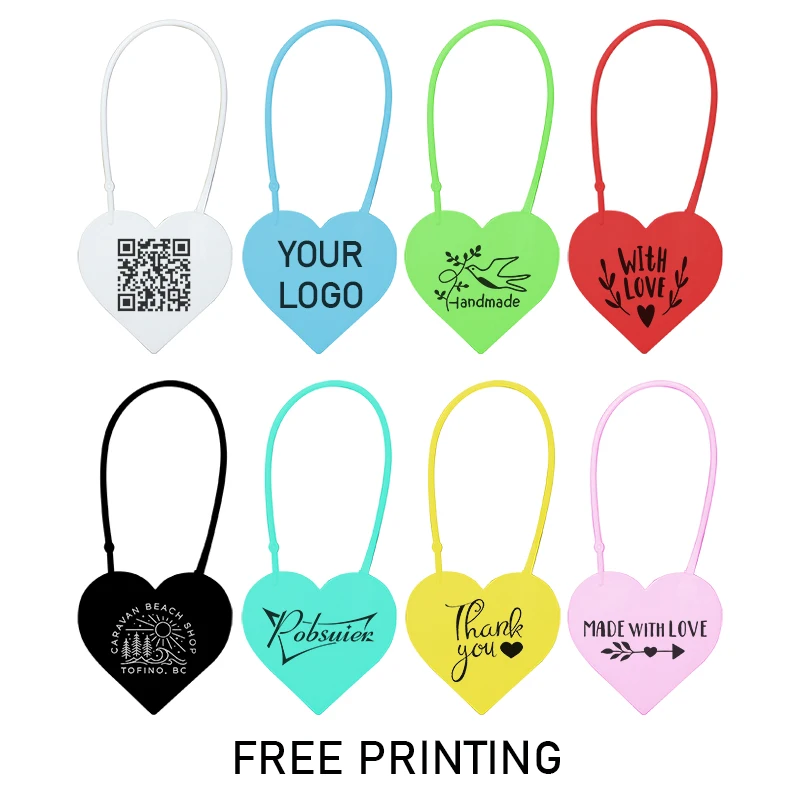 100pcs Custom Plastic Hang Tags Heart Shaped Authentic Security Seal Tamper-proof Logo Label for Clothing Shoe Bag Boutique