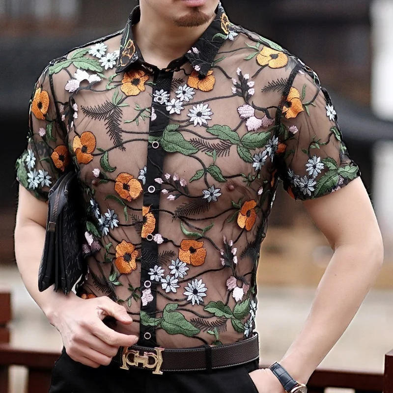 Embroidery Lace Club Party Shirt Luxury Transparent Shirt Men Long Sleeve Chemise Hommesexy See Through Mesh Shirt Men 4xl