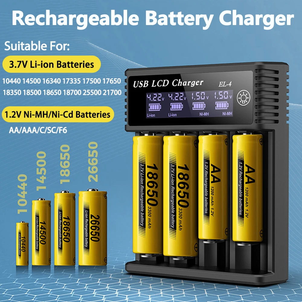 1/2/4 Slots Rechargeable Battery Charger Smart Fast Charging For 3.7V Lithium-ion Battery and 1.2V NiMH NiCd AAA / AA Batteries