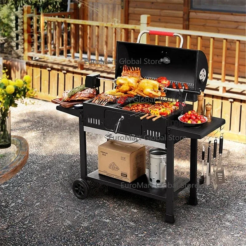 High Quality Large Smokeless Heavy BBQ Grills with Trolley Charcoal Grill Rotisserie Barbecue Smoker - Outdoor Cooking Solution