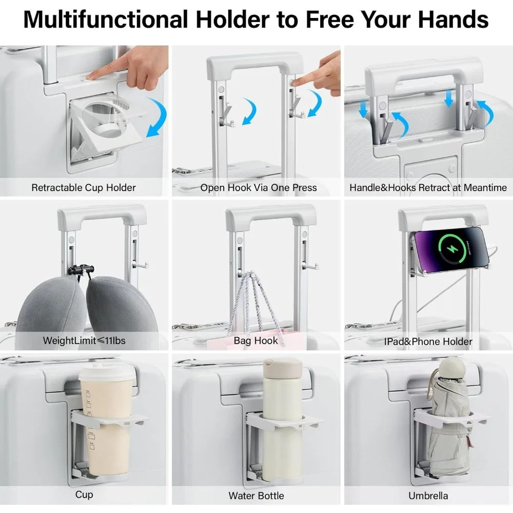 28-дюймовый твердый чемодан с верхним отверстием, подстаканником, портом для зарядки, колесами и алюминиевой рамой