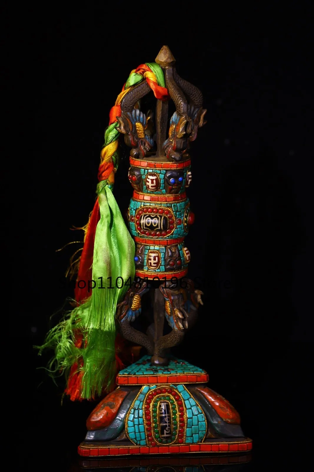 Old Bronze Painted Gem gZi Beads Turquoise Nine Shares Vajra Amulet