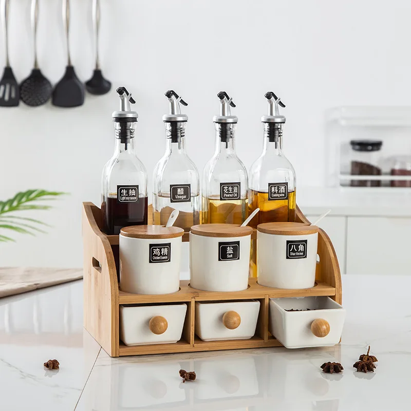set Glass oil bottle can control oil, spout seasoning box seasoning jar Ceramic jar seasoning bottle New Chinese style