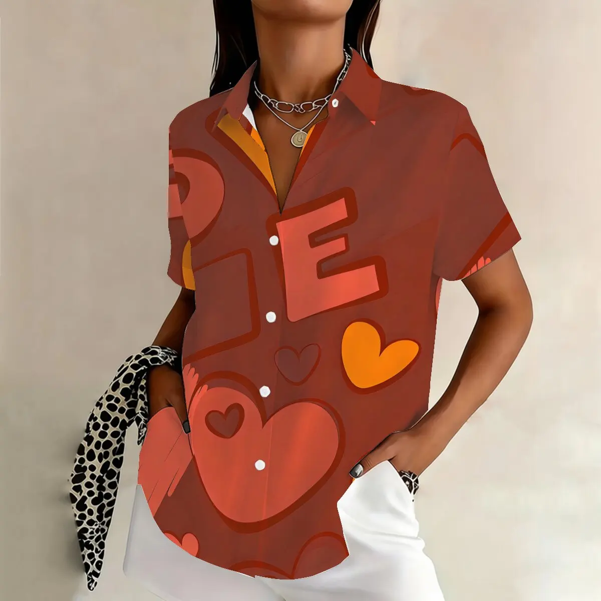 

Retro red background heart letter print lapel short sleeved shirt for women's summer casual fashion versatile top