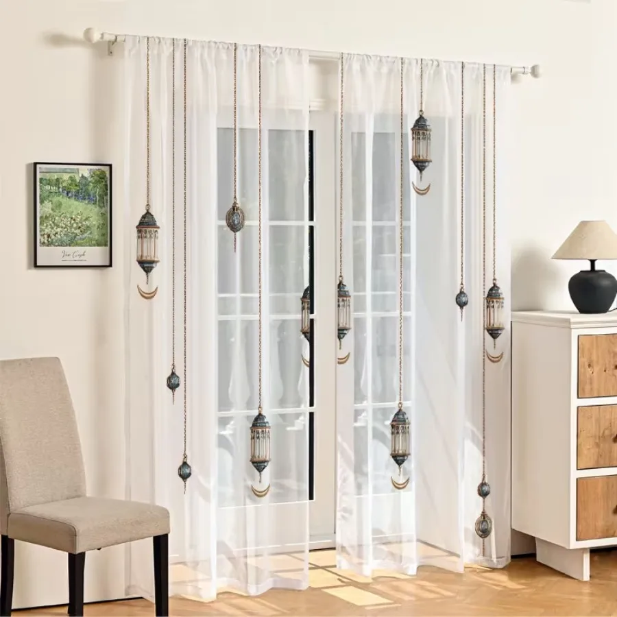 2PCS Digital Print Sheer Curtains, Crescent Moon Lamp Shade, Ramadan Minimalist Modern for Bedroom Living Room Home Decor