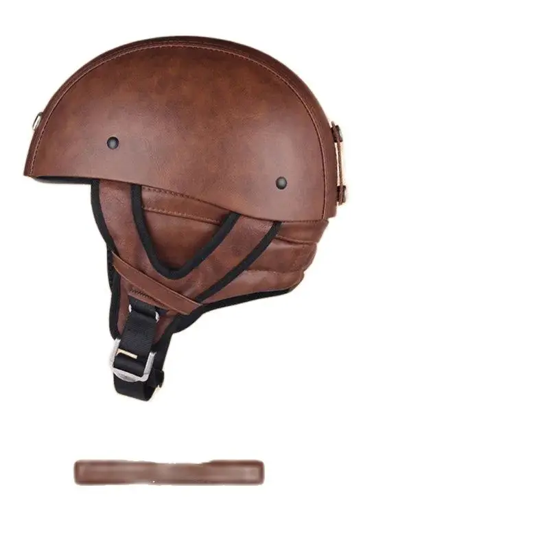 

Brown PU Leather Motorcycle Half Face Helmet Motorbike Electric Safety Moto Casque Casco for Women/Men Removed Neckerchief