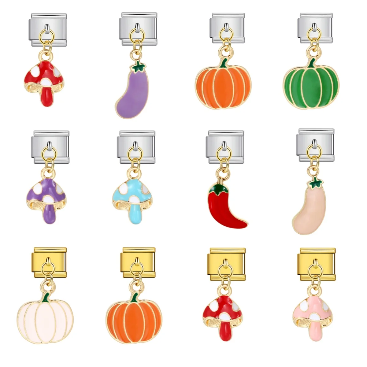 Abalorio de eslabones italianos de calabaza, setas, pimienta, berenjena vegetal, a la moda, compatible con pulsera de acero inoxidable de 9mm, fabricación de joyería DIY