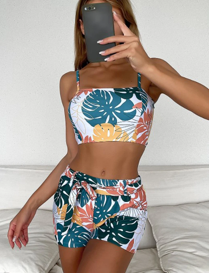 Vikionfly-Bikini de cintura alta para mujer, bañador con pantalones cortos estampados, traje de baño de banda, ropa de playa Tropical de verano, 2022