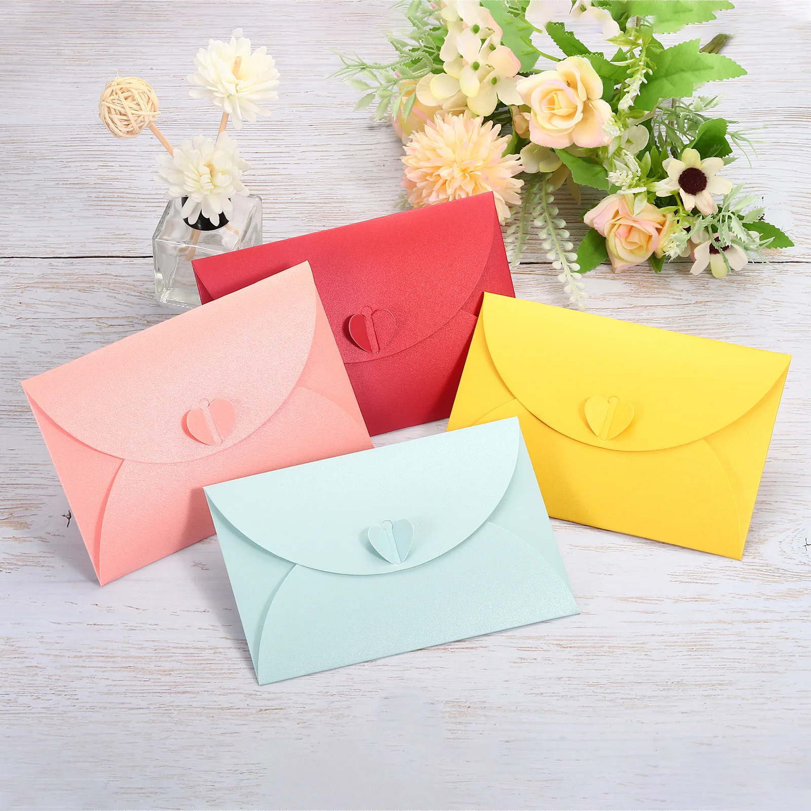 24/50Pc 15.5x10.5cm Mini Love Heart Pearlescent Paper Envelope Heart Shaped Clasp Photo Gift Card Envelopes for Wedding Greeting