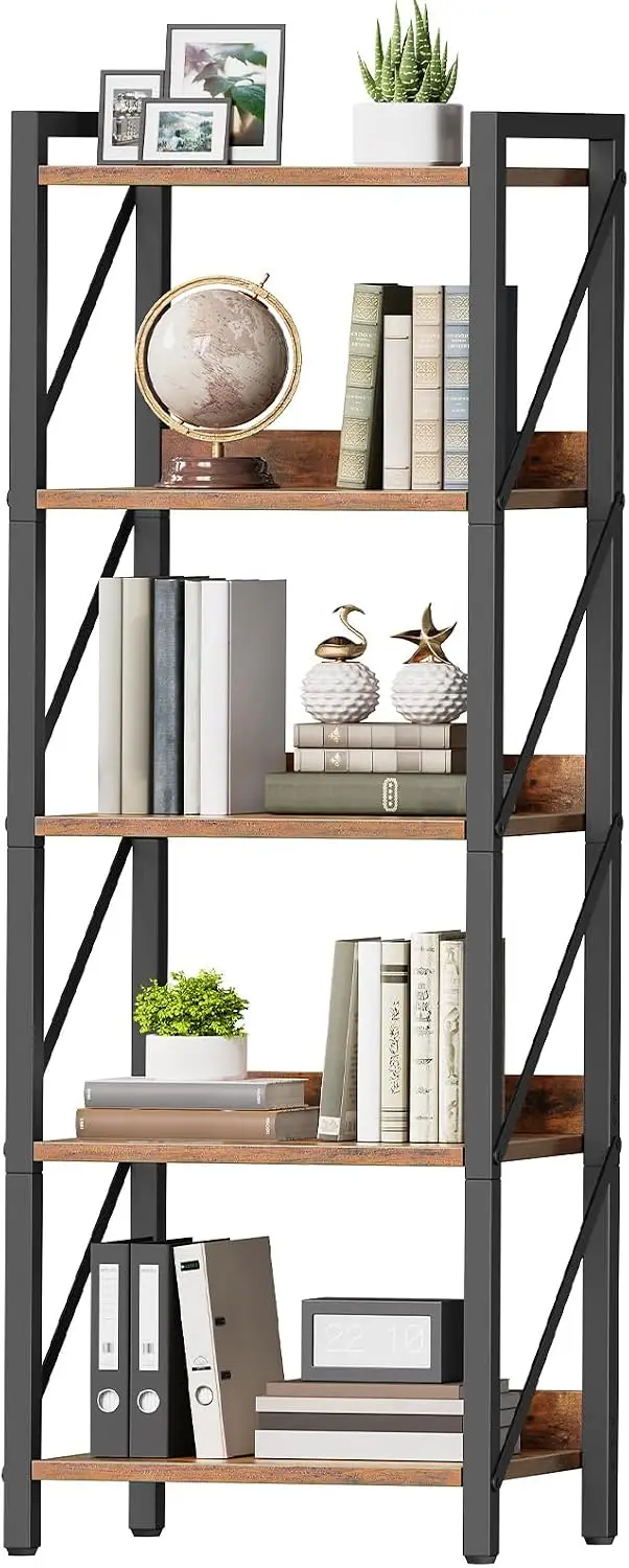 HOOBRO Bookshelf, 5-Tier Industrial Bookcase, Book Shelf Storage Organizer, Tall Bookshelf with Metal Frame for Living Room, Bedroom, Home Office, Kitchen, Rustic Brown and Black BF73SJ01