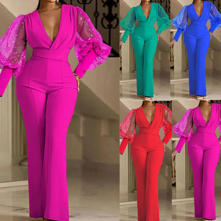 

Women New Pleated Slim V-neck Mesh Stitching Long Sleeve Jumpsuit Sexy Pants Jumpsuit Overall