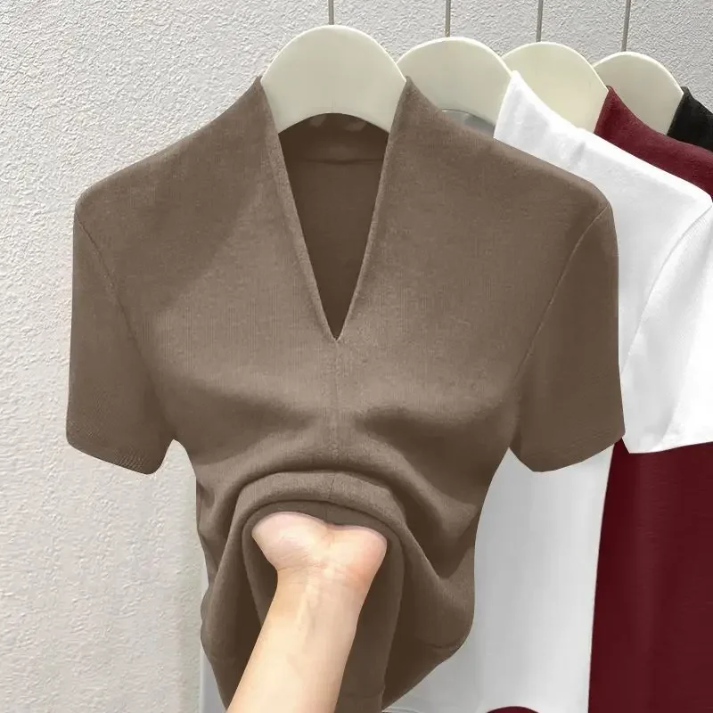 Summer New Women Threaded Short Sleeved Tops Fashion Versatile Base Shirt Slim Fit V-neck Casual Sexy Female T-shirt