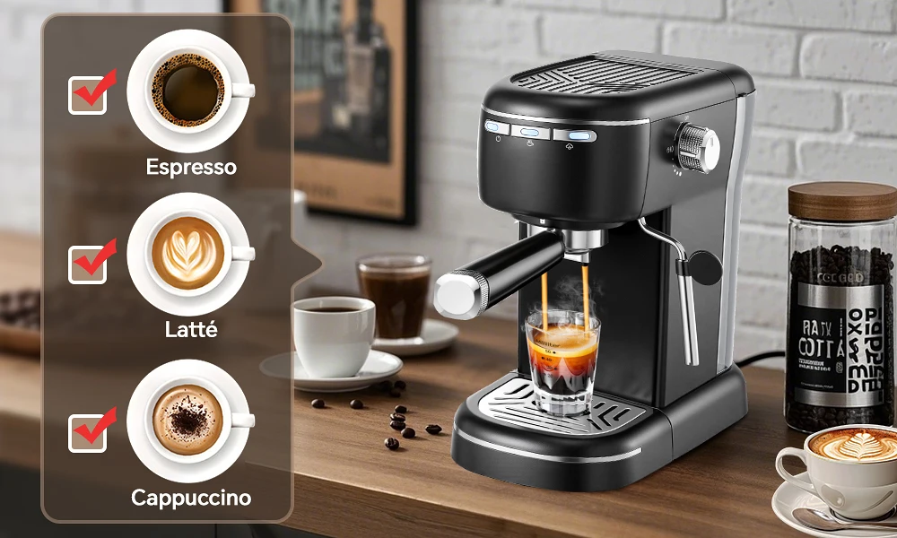15 Bar 1,2 l abnehmbarer Tank, kompakte Cappuccino-/Latte-Maschine, Edelstahl, 1100 W, schwarze Espresso-Kaffeemaschine – Detail 1