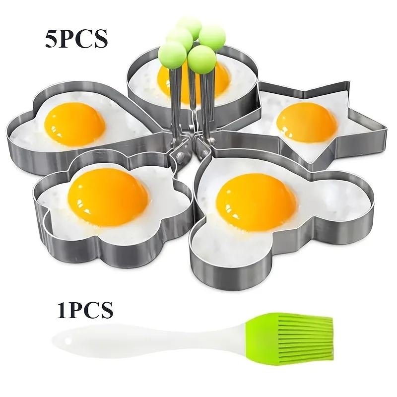 

6PCS-5PCS Fried Egg Ring+1PC Oil Brush, Creative Stainless Steel Egg Cooking Ring Set - Cartoon shaped Non stick Fried Egg