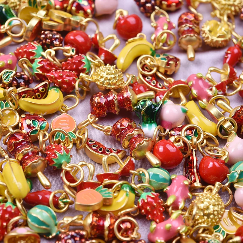 16pcs Alloy Fruit Vegetable Dripping Oil Strawberry Banana Cabbage Mushroom Pendant Popular Diy Necklace Jewelry Accessories
