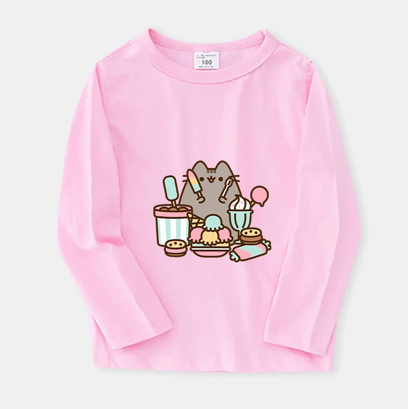 Pusheens Kitty Girl Child Cute Long Sleeve Sweatshirt Anime Cartoon Print Thin Clothes Cotton Toddler O Neck Tops Vogue Kid Gift