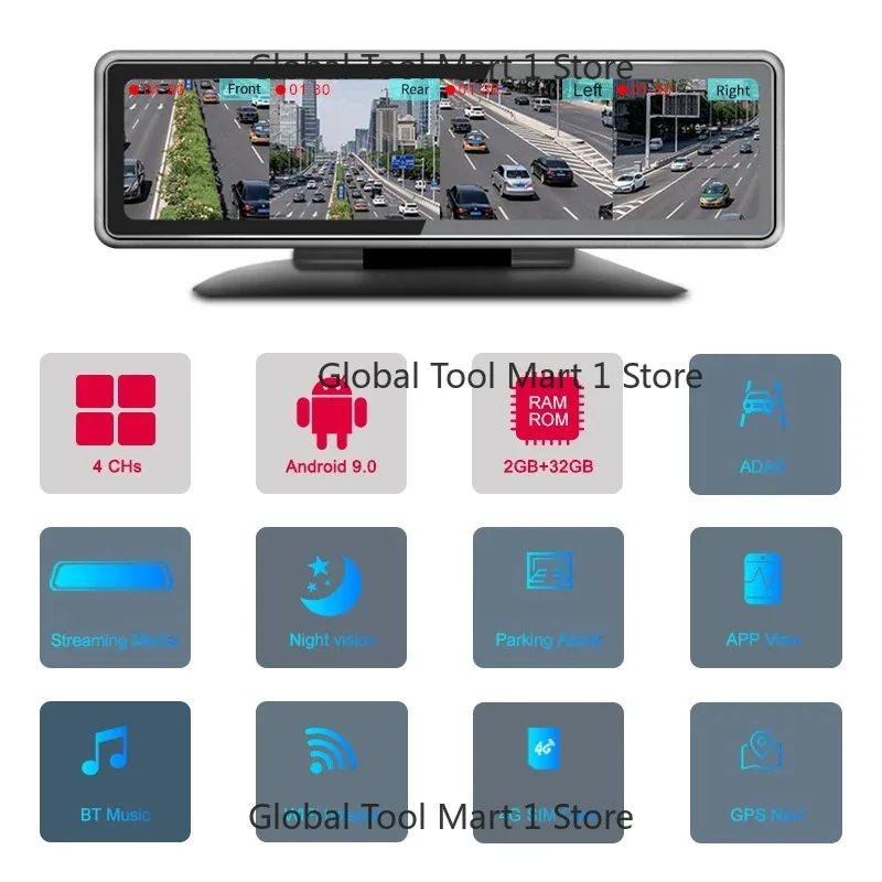 2+32G Andr-oid 9.0 Rear View Mirror Car DV-R 4G GPS Wire-less Blueto-oth Night V-ision Video Recor-der