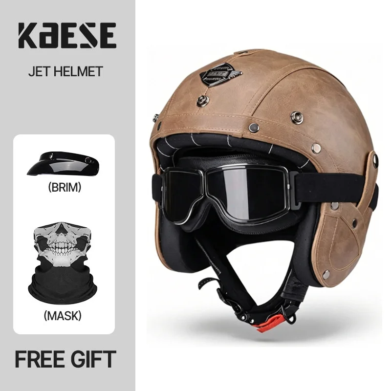 Heritage Brown PU Leather 3/4 Jet Helmet For Motorcycle Open Face Timeless Riding Helmet Kit, Includes Goggles Skull Mask