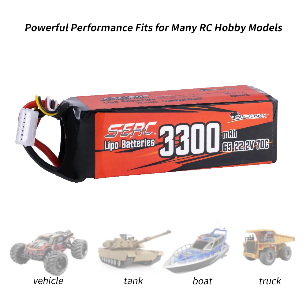 SUNPADOW Batterie Lipo 6S 22,2 V 3300 mAh 4000 70C Souple mit Pinch XT60 für RC FPV Hélicoptère,