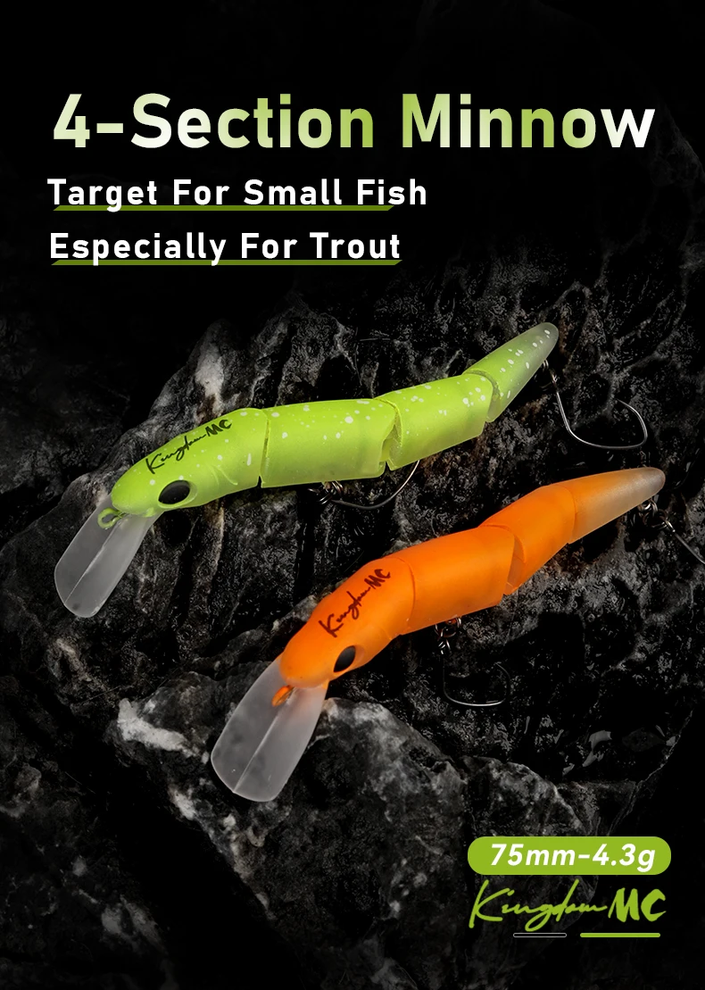 Kingdom Jointed Angelköder, 70 mm, 4,3 g, sinkender 4-teiliger Minnow-Köder, Einzelhaken, harter Wobbler, Süßwasserbarsch, künstlicher Köder – Detail 1