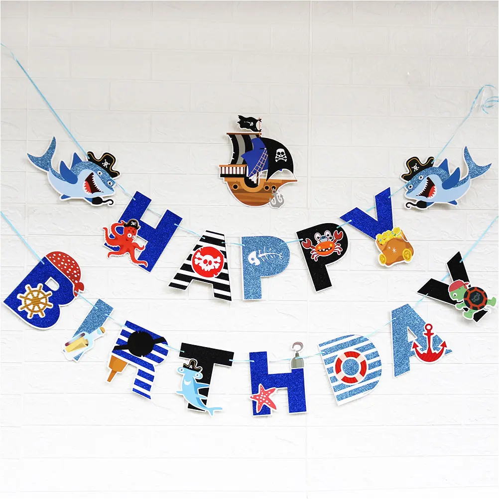 

Pirate Ship Banner Happy Birthday Cartoon Hanging Bunting Party Garland Black Theme Decor Kids Celebration Festive DIY