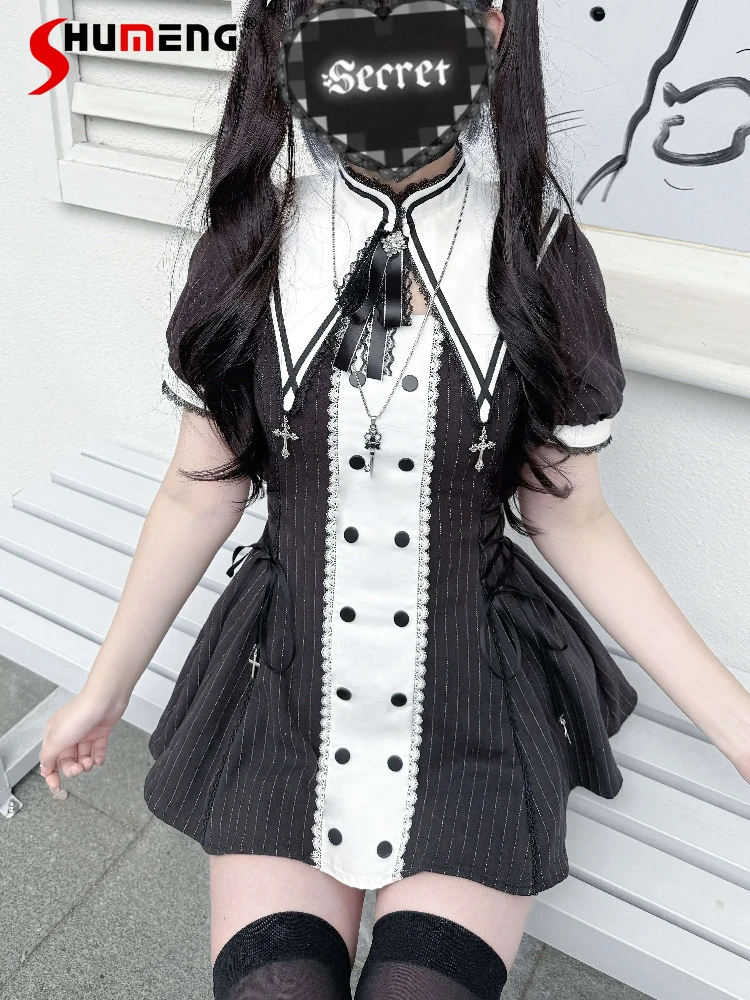 

Japanese Mines Style Subculture Set Stand Collar Double-Breasted Lace-Up Slim Striped Top High Waist Shorts Two-Piece Set Women