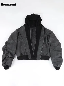 Nerazzurri Sonbahar Kış Büyük Boy Sıkıntılı Pu Deri Ceket Hoodie Erkekler Fermuar Serin Yakışıklı Şık Gevşek Unisex Sahte 2 Giysi