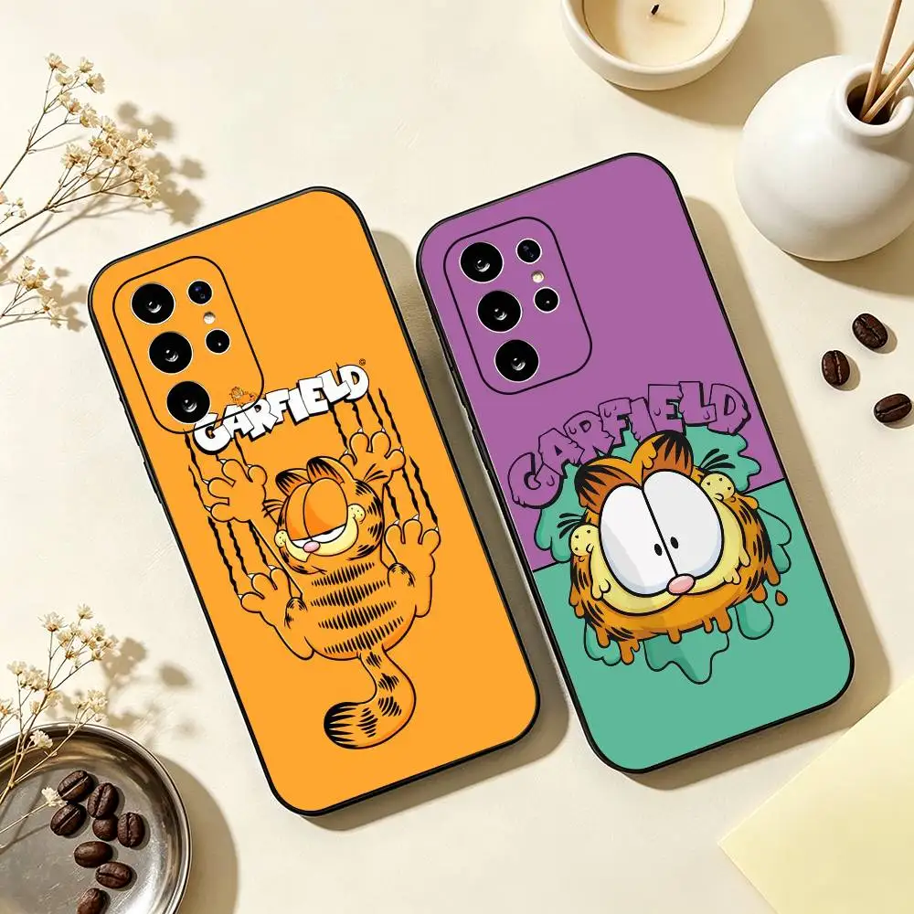 Maiden Garfield Cartoon Cat Phone Case For Samsung S25 S26 S24 S23 S 25 Ultra Plus FE Soft Black Cover