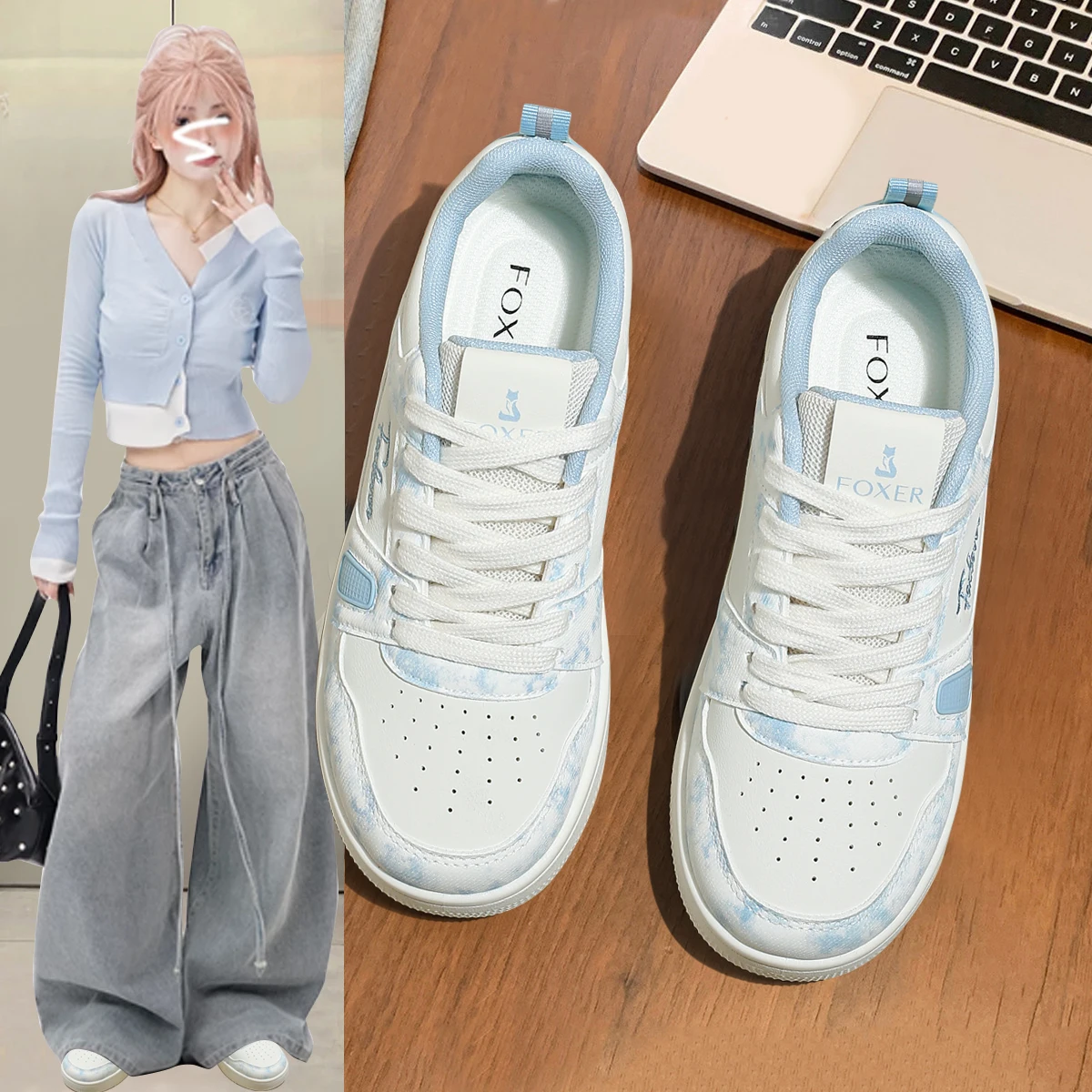 FOXER Women's White Shoes PU Fashion Sneakers Ladies Casual Walking Shoes Breathable Thick Sole Shoes