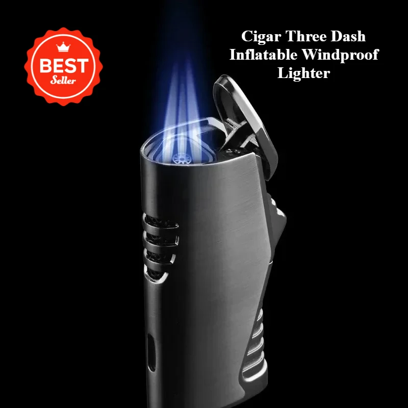 New upgraded fashionable metal three-way spray windproof blue flame lighter butane gas professional cigar lighter business gift