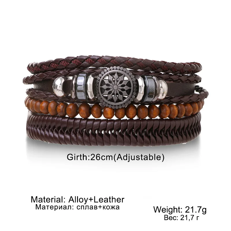 Ethnic Tribal Wristband One Piece Leather Bracelet Wood Beads Bracelet Braided Rudder Charm Bracelet For Everyday Wear Casual
