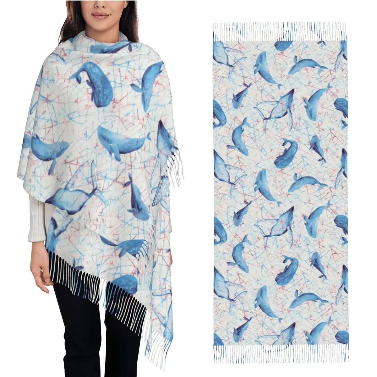 

Винтажный шарф с изображением китовой акулы, подводного мира, океана, морского морского оргазма, теплая кашемировая шаль, большой шарф-шаль для повседневной носки