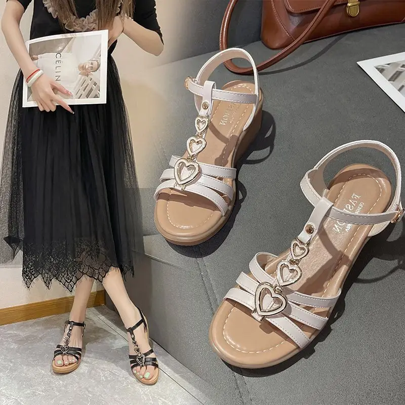 Sandals for Woman Wedges Heel Footwear Beach Women\'s Shoes with Medium Heels Summer 2024 Outdoor Beige Asian Size Vintage Luxury